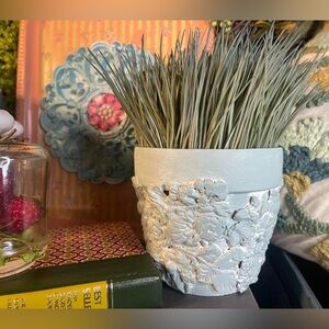 Handcrafted Decorative Blue Floral Textured Upcycled Terra Cotta with Faux Plant